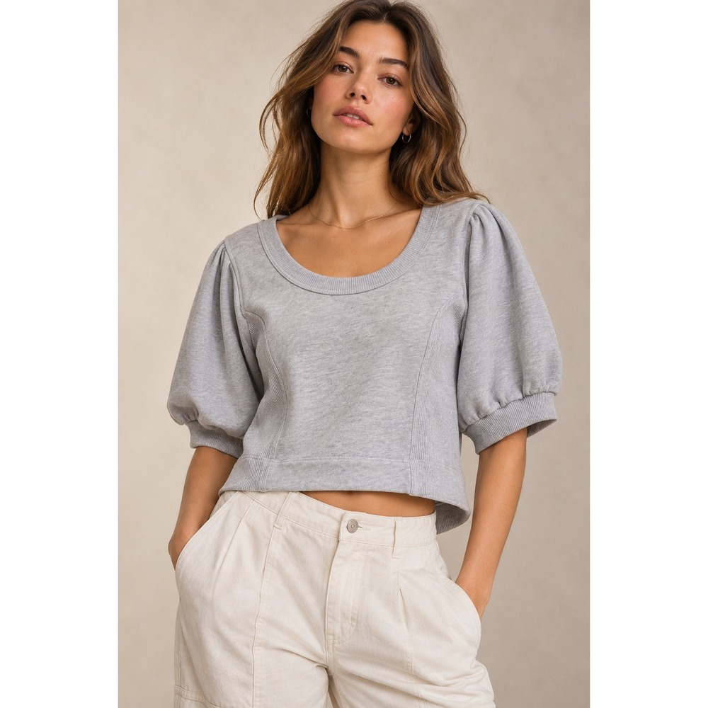 Aerie Real Good Gray Puff Sleeve Cropped Sweatshirt NWT Medium 42360602